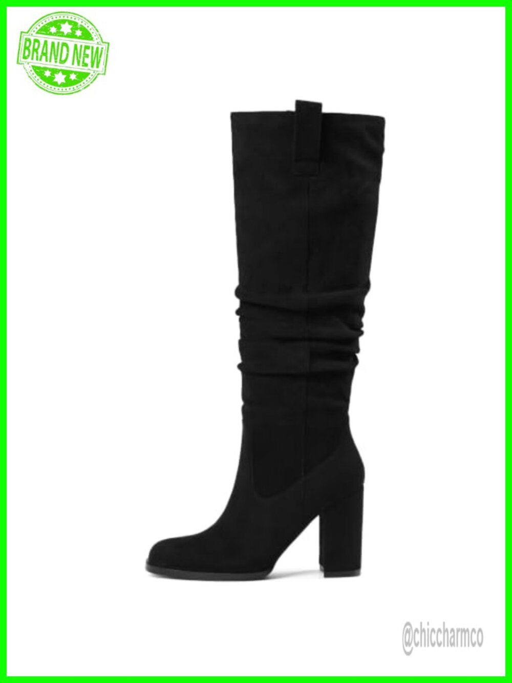 Faux Suede Knee High Slouch Boots Chunky Block Heel Side Zip Women